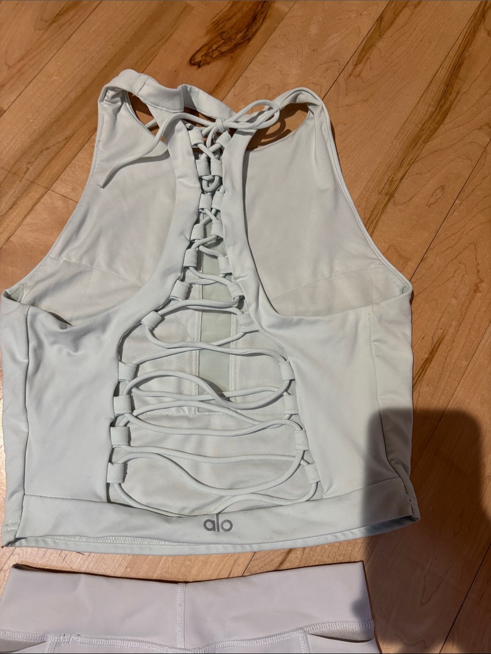 ALO Yoga Lace-Back Crop Tank and arie High-Waist Bike Shorts in Light Blue - Picture 2 of 5